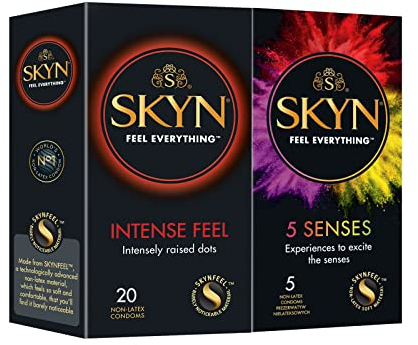 SKYN Intense Feel (20 Stück) & 5 Senses (5 Stück)| Latexfreie Kondome für Männer, Gefühlsecht Hauchzart, Extra Starken Noppen, Stimulierend, Kondome 53mm Breite