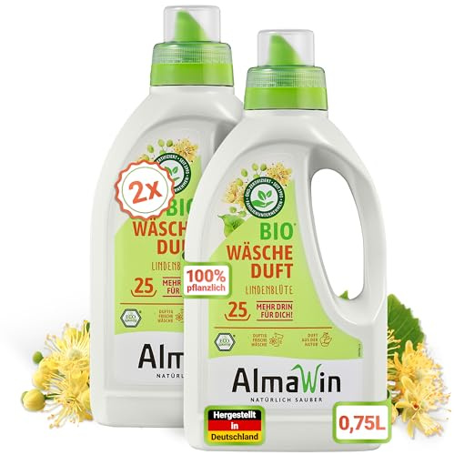 AlmaWin® Wäscheparfüm mit blumig-süßem Lindenblüten-Duft [2x 750ml] - Bio Wäscheduft Waschmaschine kombinierbar mit Flüssig- & Pulverwaschmitteln - Wäscheparfum, Laundry Perfume