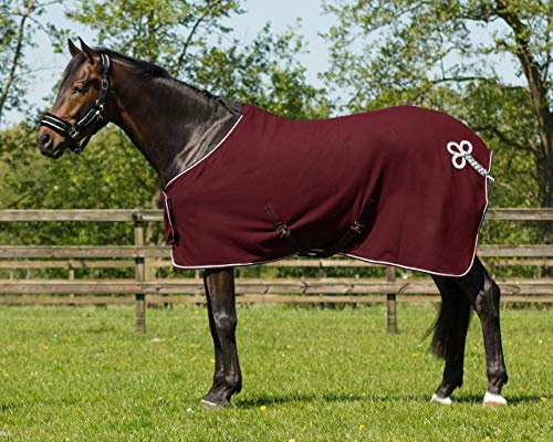 QHP Fleecedecke Abschwitzdecke Brustlatz Ornament Kontrast-Einfassung Kreuzgurte (145 cm, Bordeaux/Silber)