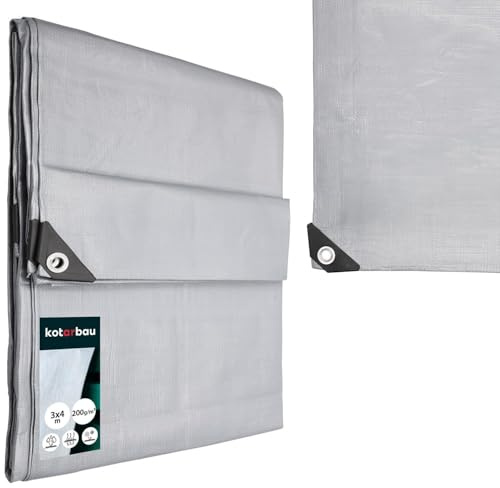 KOTARBAU® Presenning - Polyeten - 3x4 m - Silver - 200 g/m2 - Stark - Tjock - Vattentät Skyddspresenning - Presenning med Öljetter - Skyddspresenning för Möbler - UV-beständig - Täckplast