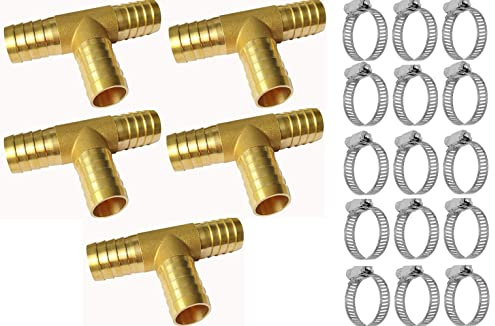 YOUHO 3/4 Brass Hose Barb Tee, 3-Way Tee Hose Fitting (3/4 tee hose connector 5 PACKS)(15pcs Included Hose clamp)