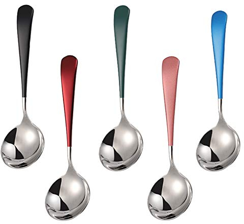 Lot de 5 cuillères à soupe en acier inoxydable 18/10 à tête ronde, modernes et épais, poignée courte, en acier inoxydable 304, cuillères à soupe, céréales, dessert, lait, thé, café, 16 cm