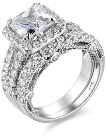 SHELOVES 925 Sterling Silver Bridal Ring Sets for Women Princess Cut CZ 4Ct | Vintage Engagement Wedding Rings Set for Her White AAAAA Cubic Zirconia Sz I-Z 1/2