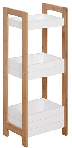 HOMCOM Estantería de Baño con 3 Estantes Organizador de Almacenaje Bambú para Cocina Sala de Estar Lavadero 27,5x20,8x74 cm Color Blanco y Natural
