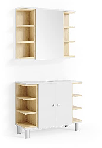 Vicco Conjunto de Muebles de baño Aquis, Blanco, 79.6 cm | compuesto por espejo de baño y mueble bajo lavabo