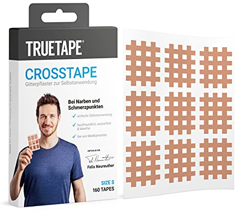 TRUETAPE® Crosstapes, 160 Gitterpflaster, Größe S | 160 kleine Gitterpflaster inkl. Anleitung, wasserfest, extra starker Halt & originales Akupunkturpflaster