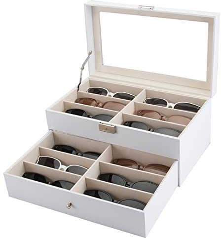 Brillenbox Brillen Display Brillenkoffer, Weiß PU-Leder doppelte Schichten 12 Slots Brillen-Aufbewahrungsbehälter-Halter Sonnenbrillen Anzeige Schublade Abschließbare Brillen Etui Organizer Brillenauf