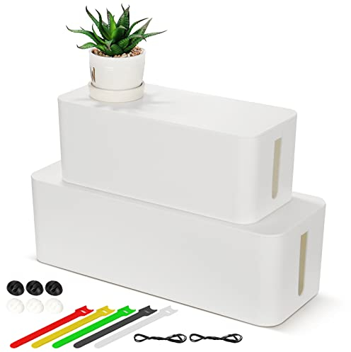 Cable Tidy Box, 2 Sets of Larger Cable Organizer Box White ABS Material for Hiding Messy Cables Wire Management Storage 16x 6.2x 5.4 and 12.6x 5.3x 5.1