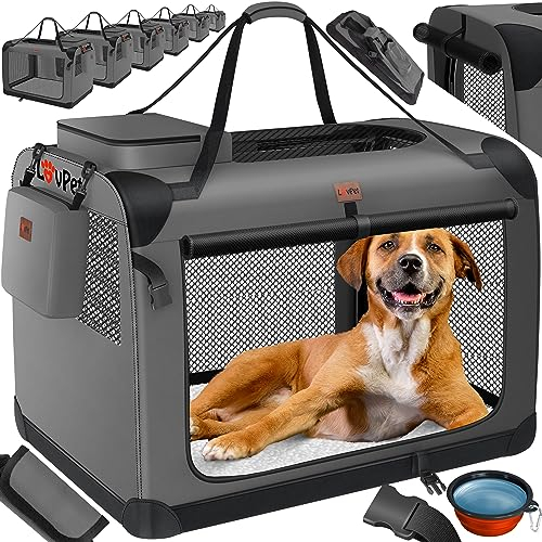 LOVPET® Transportbox Hund Katze Transporttasche S 50x34x36cm | Hunde-Tragetasche Faltbare Katzentasche | Haustier-Transportbox inkl. Hundenapf & Schultergurt | für Katzen & Hunde Anthrazit