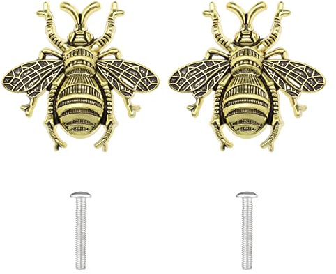 4 Stück Schubladenknöpfe, Biene, Zuggriffe mit Schrauben für Schrank, Küche, Schrank, Kommode, Schrank, Möbelgriff, Gold antik