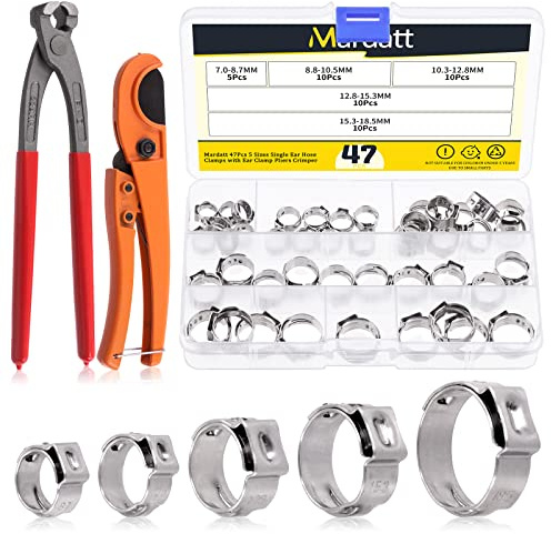 Single Ear Hose Clamps, Mardatt 7mm-18.5mm Einohr-Schlauchschellen aus Edelstahl mit Schlauchklemmzange, PVC Rohrschneider 0-32mm, Robuste KlemmsKlemmschellen chellen für Schläuche