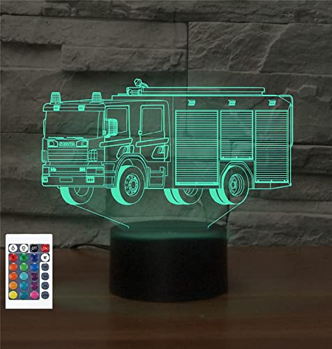 SUPERRUIDALONG 3D Feuerwehrauto Fernbedienung Nachtlicht Illusion Acryl LED Tisch Nachttisch Lampe 16 Farben Kinder Schlafzimmer Schreibtisch Dekor Geburtstag Geschenke Spielzeug