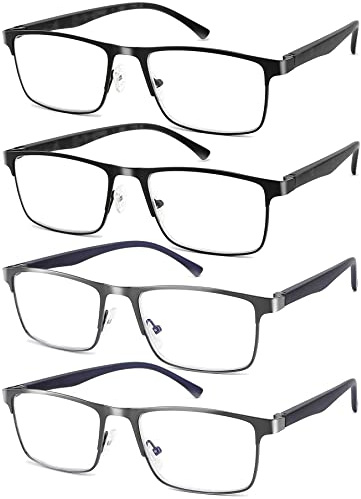 DILLY VISION 4-Pack Mens Reading Glasses Blue Light Blocking,Spring Hinge Stylish Metal Full Frame Readers for Men Anti Glare Filter Eyeglasses +1.75