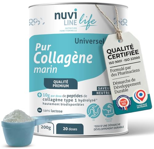 NUVILINE Life | Marine Collagen Universell Pulver Pur & Natürlich | 10 g Marine Kollagen pro Portion | Typ 1 Naticol® Niedriges Molekulargewicht | Gelenke, Muskeln & Haut | Neutraler | 200 g
