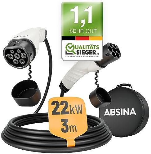 ABSINA Typ 2 Ladekabel 22kW & 32A für Hybrid & Elektroauto - 3 Meter Auto Ladekabel Typ2 3 phasig - Mode 3 Ladekabel - Kompatibel mit Model 3, e-Up, ID.3, Zoe, EQ fortwo, Kona Elektro, ID.4 UVM