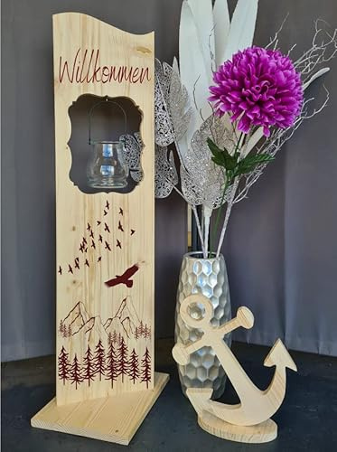 Designbysh Holzaufsteller, Holz Deko Schild Holzschild Eingangsschild mit Leuchtglas oder Solarlampe Berge und Wald, Willkommen