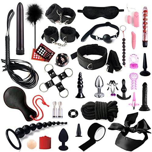 BDSM Sex Bondage Set 35 Stück Sexspielzeug für Paare Extrem Sex ondageset Fessel Set Handschellen Peitsche Nippelklemmen Knebel Analplug Set für Anfänger und Erfahrene Paare(#1) (Schwarz)