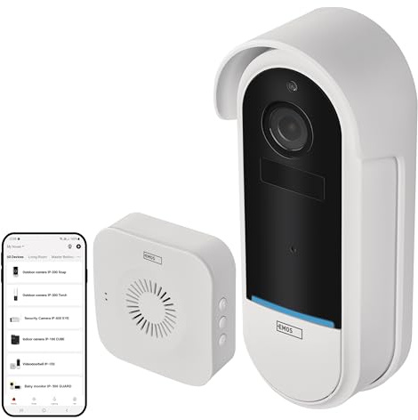 EMOS GoSmart - Smart Home Video Türklingel mit App - WiFi - Full HD 1536p wetterfeste Kamera mit Akku - Klingel, Nachtsicht, Bewegungserkennung, Diebstahlschutz - Google Home & Alexa kompatibel - weiß