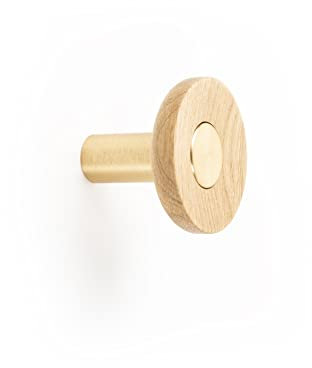 Gedotec Garderoben Haken - Kleiderhaken Garderobe Aluminium | ZOOT 7001 | 1 Stk Kleiderhaken Wand D: 60 mm | Garderobenhaken Messing + Holz Eiche | Haken zum Schrauben Wandhaken Handtuchhaken - Hooks