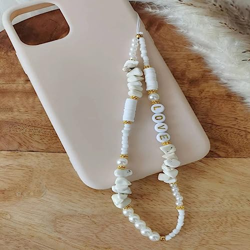 HANASE Handy-Gurt, Handy-Anhänger, Perlen-Buchstabe, Handy-Kette, natürlicher Muschel-Schmuck für Frauen, Anti-Verlust-Lanyard, T4