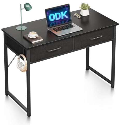 ODK Schreibtisch mit 2 Schubladen, 100x40x78.7cm Klein Schreibtisch mit Kopfhörer Halter, Bürotisch PC Tisch Officetisch für Büro, Wohnzimmer, Home Office, Schwarz