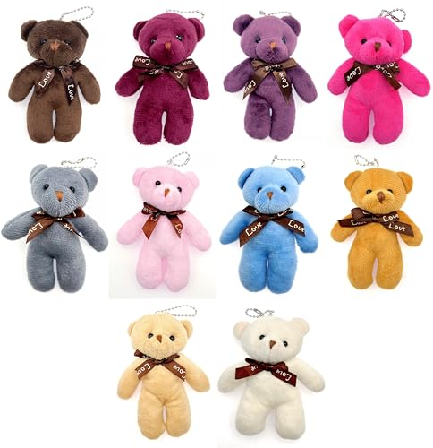 JZK 10 x mehrfarbiger, weicher Plüsch-Bär-Schlüsselanhänger für Rucksack, Stofftier-Schlüsselanhänger, Mini-Spielzeug für Geburtstagsparty, Gastgeschenke, Dankeschön-Geschenk für Kinder, Erwachsene,