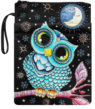 ZIATUBLES Buchhülle mit Eulen-Mond-Druck, mit Reißverschluss, waschbar, Buchschutz für Hardcover-Taschenbücher, wasserdichte Buchtasche, Tragetasche, Buchhalter, Buchliebhaber, Geschenk
