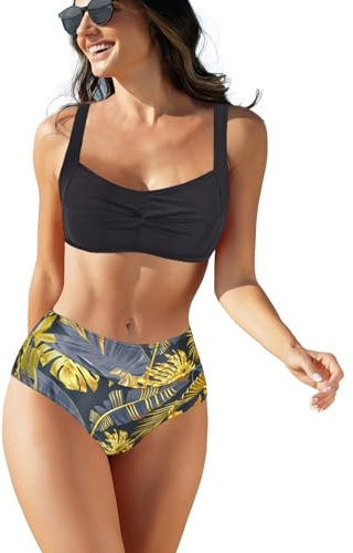 NLAND Dambaddräkt, tvådelad, hög midja, twist fram, badmode, blommönster, bikiniset, Blommig, L