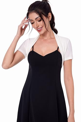 AmélieBoutik Women Short Sleeve Bolero Shrug Open Front Pleated Back Ruched Sides Cropped Cardigan for Dress Casual, White, M