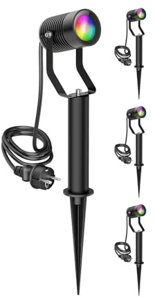 ledscom.de 4 Stück Gartenstrahler SHINGA mit Erdspieß und 15 cm Sockel für außen, IP65, Stecker, schwarz, inkl. GU10 RGB Lampe, smart, 473lm