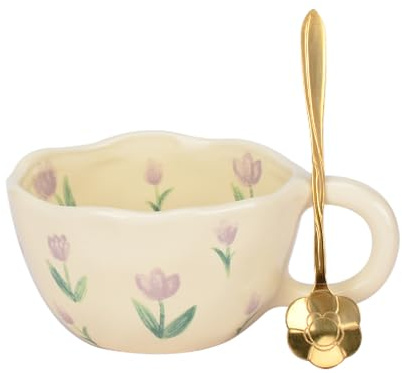 XinHuiGY Söt kaffemugg, keramiska tekoppar, handgjord oregelbunden kaffekopp, lila tulpanblomma mugg med sked, estetiska muggar för mjölkkakao, mors dag present till mamma kvinnor jul 250 ml (lila)