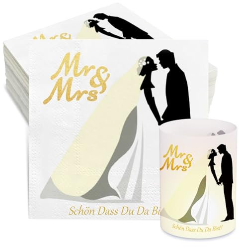 32 Serviettes + 8 Photophores de Mariage - Décoration de Table Blanc Mr & Mrs - Lanternes et Serviettes pour Déco Mariage