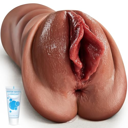 Realistic Pocket Pussy Male Masturbator, Thick Labia Pussy Masturbators Sex Toy with 5D Deep Vagina and Tight Anus, Lifelike Blowjob Male Stroker Adult Sex Toys for Men Masturbation (Brown)