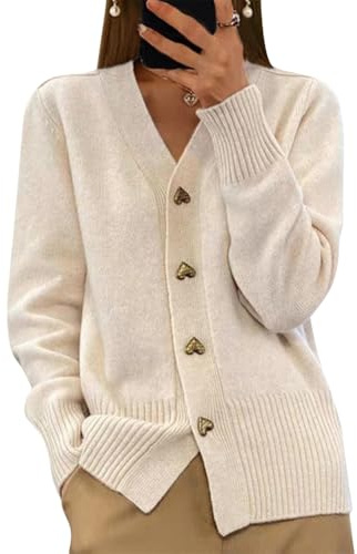 shownicer Gilet Femme Cardigan Manches Longues Tricoté Chic et Elégant avec Boutons à Col en V Ouvert sur Le Devant Décontracté Manteau Mode Pull A Beige XL
