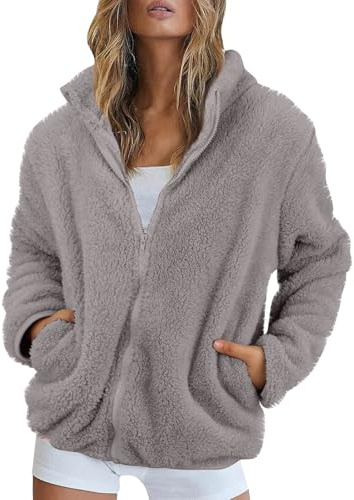 Femmes Manteaux D’Hiver Manches Longues Fausse Fourrure Vestes Fermeture Éclair Confortable Sherpa Polaire Manteau Chaud Vêtements D’extérieur avec Poche