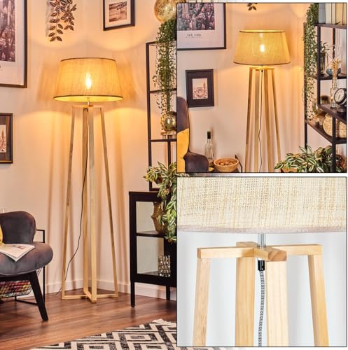 HOFSTEIN Lampadaire Sabadim avec pied en bois au design scandinave style bohème, abat-jour en papier tressé, Ø 45 cm, E27, 154 cm, avec interrupteur à pied - salon, chambre, salle à manger