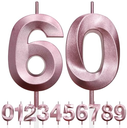 60th Geburtstagskerze, 3D Design Roségold Glitter Nummer Kerzen, Cake Topper Dekorationen, Kuchen Kerze für Geburtstagsparty, Hochzeitstag, Baby-Dusche, Party-Dekoration