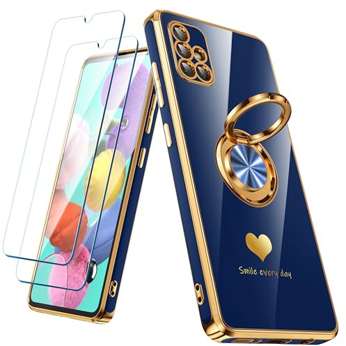Nonional Schutzhülle für Samsung Galaxy A51 4G mit 2 Displayschutzfolien, 360° drehbarer Ringhalter [luxuriöses Herzmuster] Beschichtung, Goldener Rand, schlanke, weiche Handyhülle für Galaxy A51,
