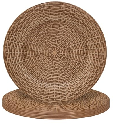 MAONAME Faux Rattan Charger Plates Set of 6, Table Chargers for Dinner Plates, 13 Round Brown Plate Chargers, Plastic Charger for Table Setting, Wedding Decor