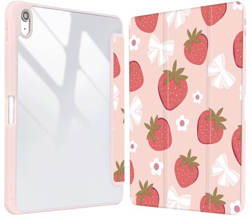 Vozehui 11/10.9 Zoll Hülle für Erdbeeren iPad (A16) 11th Generation 11 Inch 2025&iPad 10th Generation 2022 mit Clear Back Shell mit Bleistifthalter, Tri-fold Stand Schutzhülle mit Auto Sleep Wake