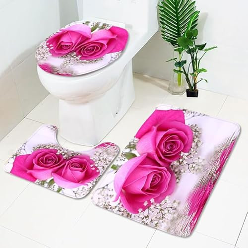 Badrumsmatta ros röda blommor WC matta med utsnitt WC lockskydd 3 delar WC matta halkfri badrumsset U-formad badmatta tvättbar badrumsmatta set 50 x 80 cm
