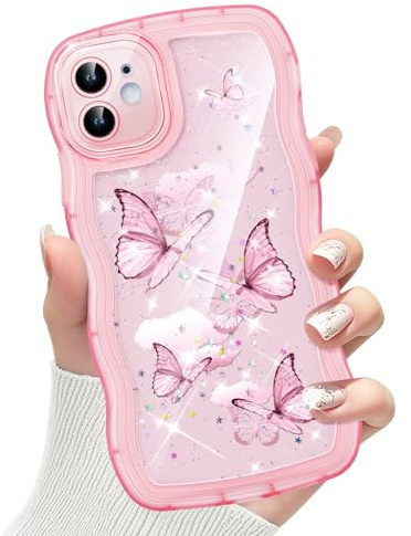 CASBST Compatible with iPhone 11 Phone Case for Women Girls, Curly Wave Frame with Bling Glitter Butterfly Pattern, Full Camera Protection, Slim TPU Aesthetic Clear Phone Case for iPhone 11,Pink
