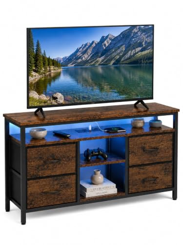 hitsuki TV Lowboard mit LED Steckdosen und USB 110x30x78 cm TV Schrank aus Holz und Metall mit 4 Schubladen Fernsehschrank TV Bank für Wohnzimmer Schlafzimmer Flur Vintage Braun