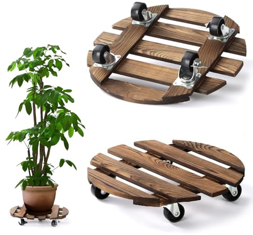 BUERPINKING Pflanzenroller Rund 30cm, 2 Stück Pflanzenroller Outdoor Indoor Rollbrett Pflanzen Holz mit Rollen 100 Kg Tragkraft, Blumenroller Blumen Untersetzer Pflanzenuntersetzer