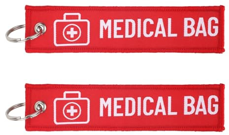 BOXOB 2pcs Medical Alert Bag Tags, Double-Sided Medical Equipment Luggage Tag with 2pcs Keychains for Luggage Purse Backpacks(Red)