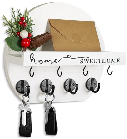 Dxiunove Porte Clef Mural Avec Des Fleurs Séchées Boite A Clef Bois Boite A Clefs Murale Rond Porte Clef Mural Bois Convient Pour Le Hall D'entrée, Le Débarras, Le Couloir, La Cuisine (Blanc et noir)