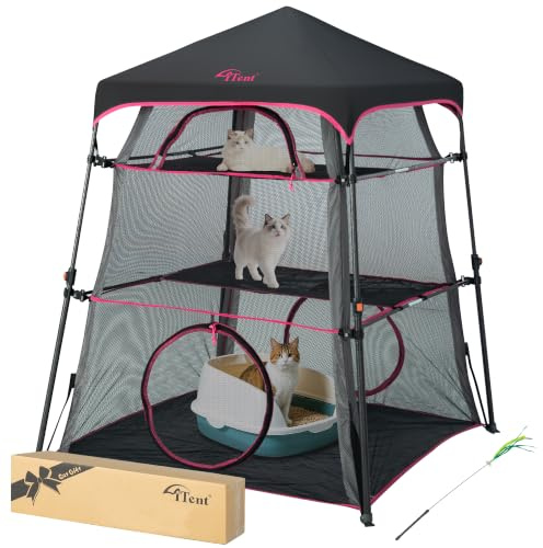 Pop-Up Catio Katzengehege für drinnen und draußen mit wasserdichtem Boden, 3-stöckiger geräumiger Katzenturm-Zelt, tragbares Outdoor-Katzenzelt für Terrasse, Balkon, Deck und Camping, wetterfest und