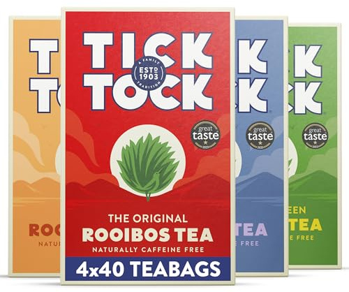 Tick Tock Rooibos Tea Selection Box, Pack of 4 x 40 (160 Teabags), Gift Set, Original, Vanilla, Green, Earl Grey, Naturally Caffeine Free Biodegradable Teabag Selection, Herbal Tea