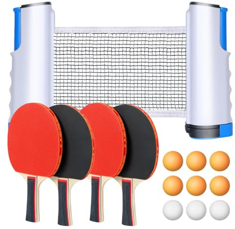 flintronic Set di Racchette da Ping Pong, Ping Pong Set da Tavolo Portatile, con Rete da pingpong Retrattile, 4 Racchette da pingpong, 9 Palline, 2 Borsa in Rete, per Bambini, Famiglie (Blu)