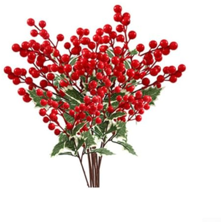 Besttoolifes Rami di bacche di agrifoglio artificiali realistici con foglie verdi per decorazioni natalizie festive, confezione da 8 ramoscelli finti di lunga durata (rosso)